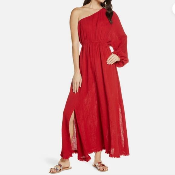 Red Carter Julia One Shoulder Maxi Dress sz S 6 Red Cotton Gauze Cover Up Zebra - Picture 2 of 12